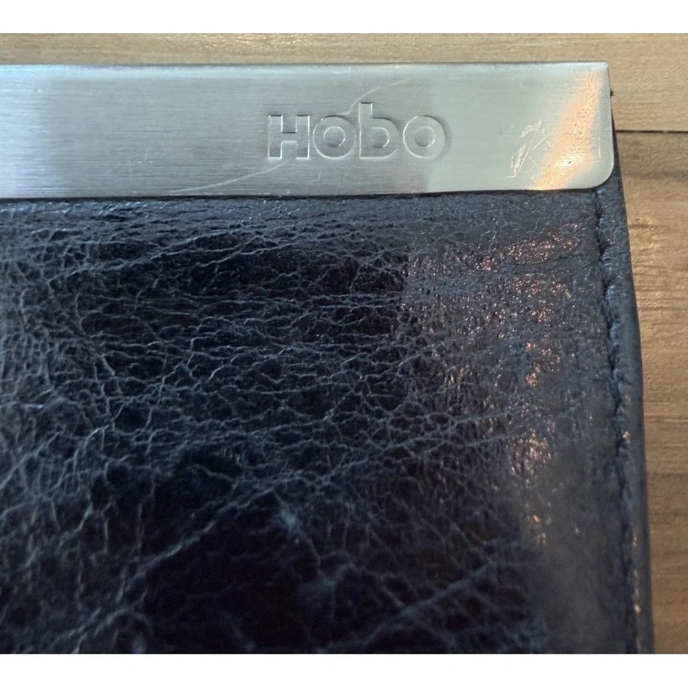 Hobo International Black Leather Clutch Wallet Organizer Silver Frame Large‎